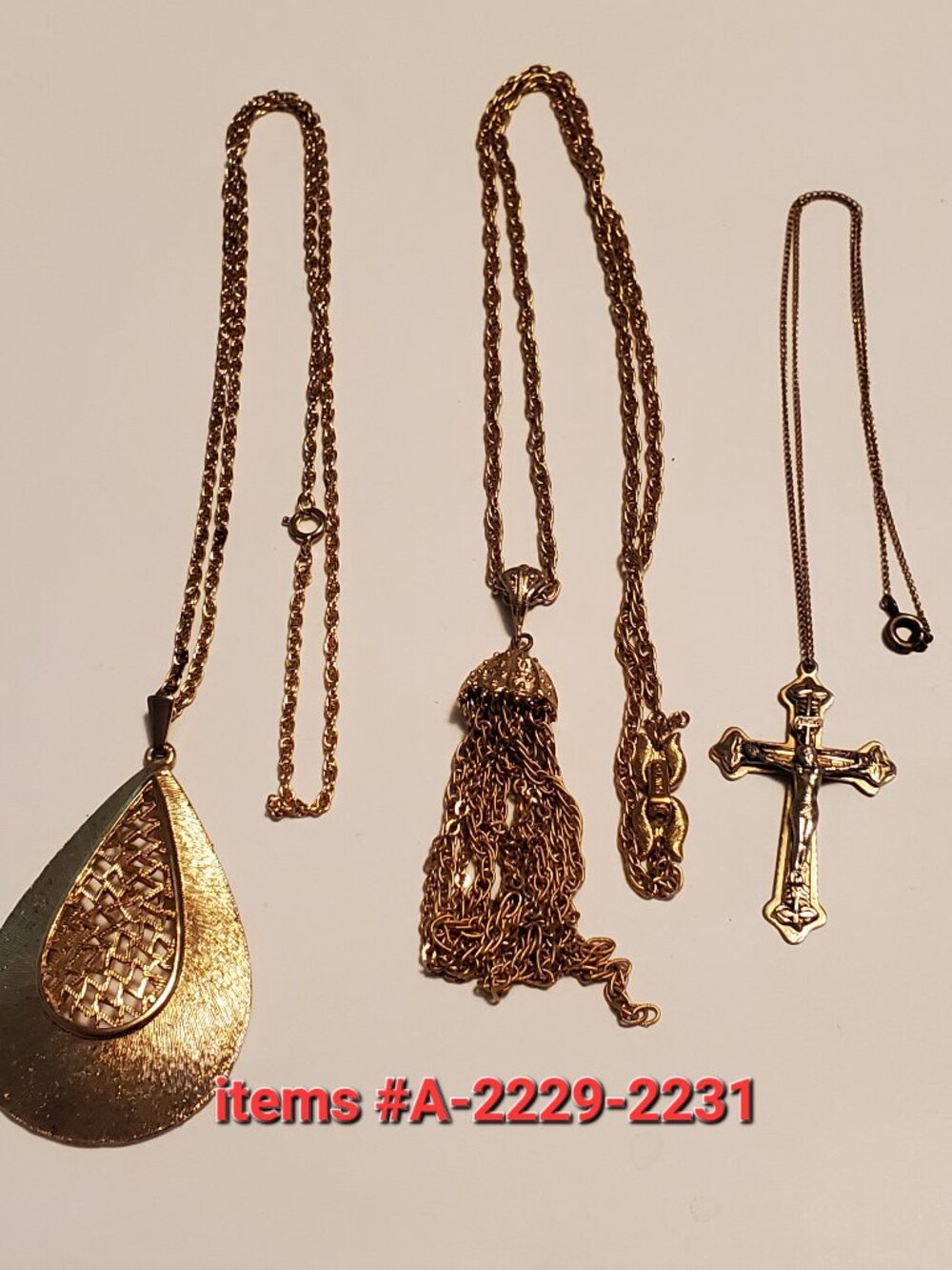 3 Gold Chain Necklace with pendants, items # A 2229-2231, wt. 65 grams.